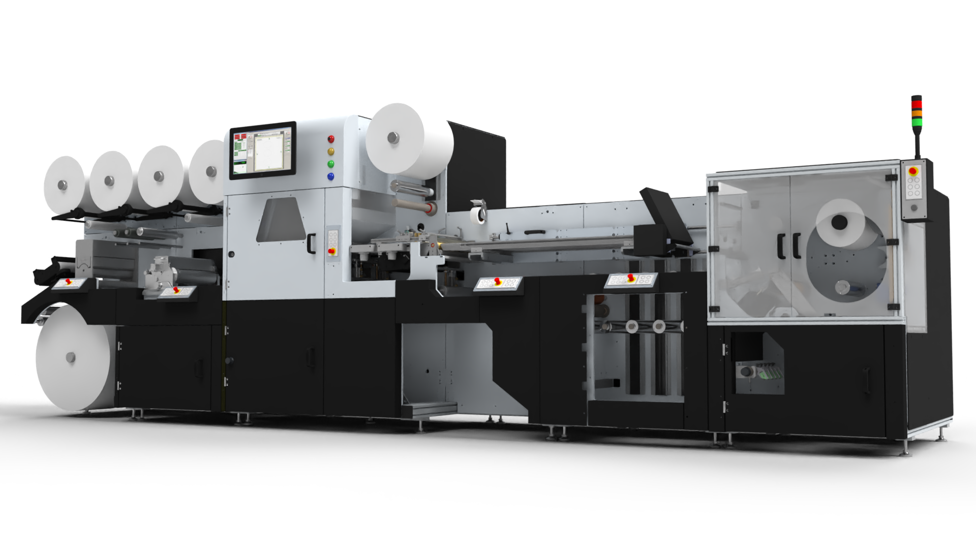 Integrated full converting line layout with unwind, laser cutter, and dual rewinders